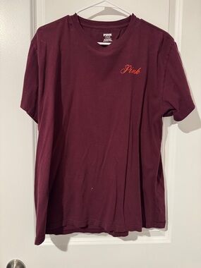 PINK Victoria's Secret Men's Short-Sleeve Crew Tee in Wine with Orange Script